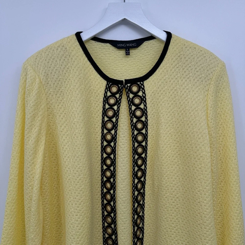 Ming Wang Cardigan Jacket Large Knit 3/4 Sleeve Shoulder Pads Office Career Boho
